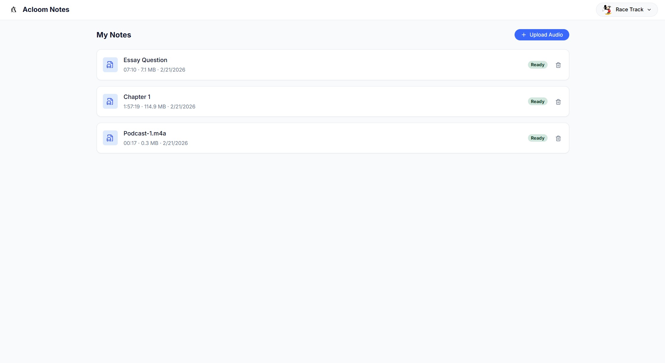Acloom Notes dashboard showing uploaded audio files and AI-generated notes