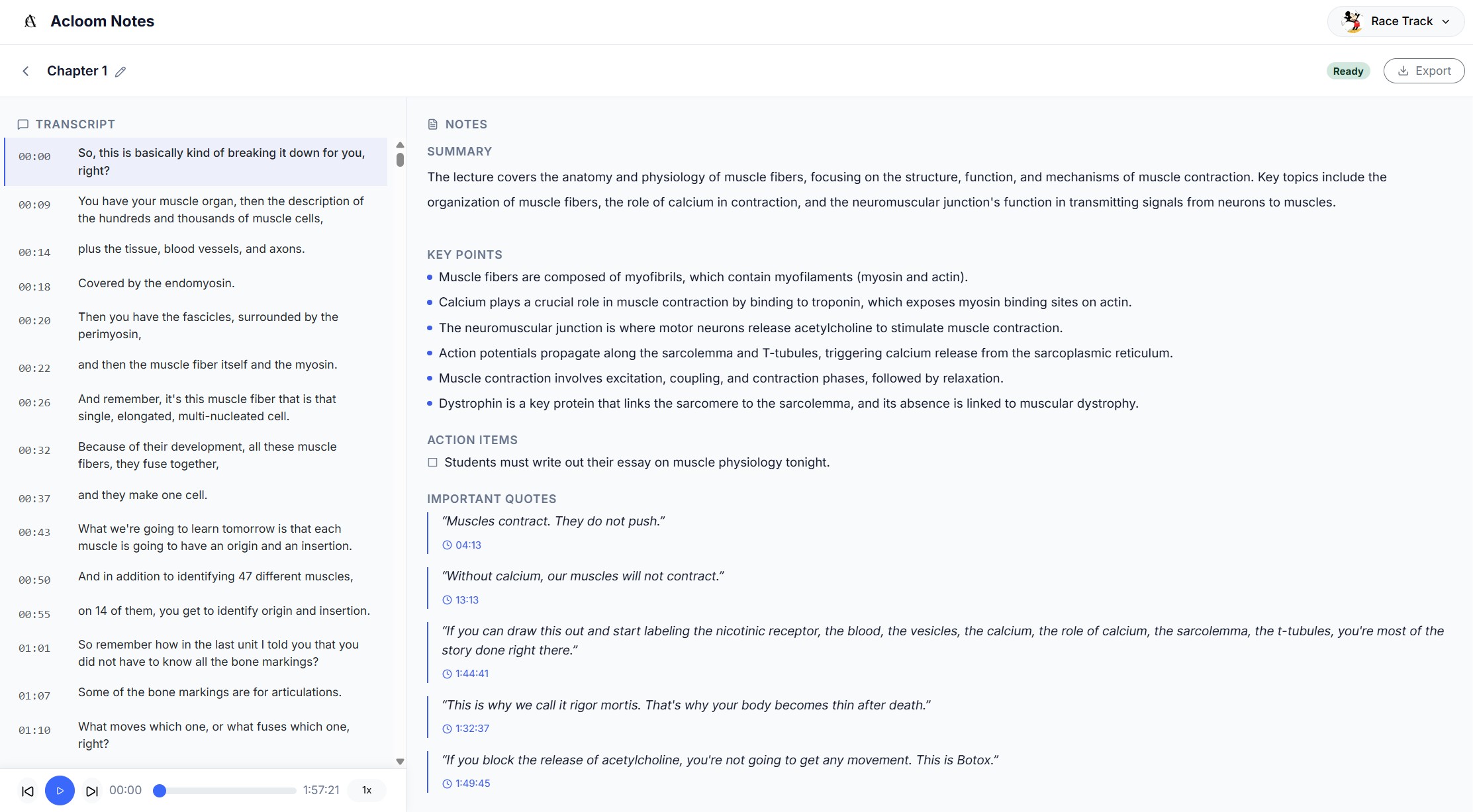 AI-generated lecture notes with transcript and timestamped key points